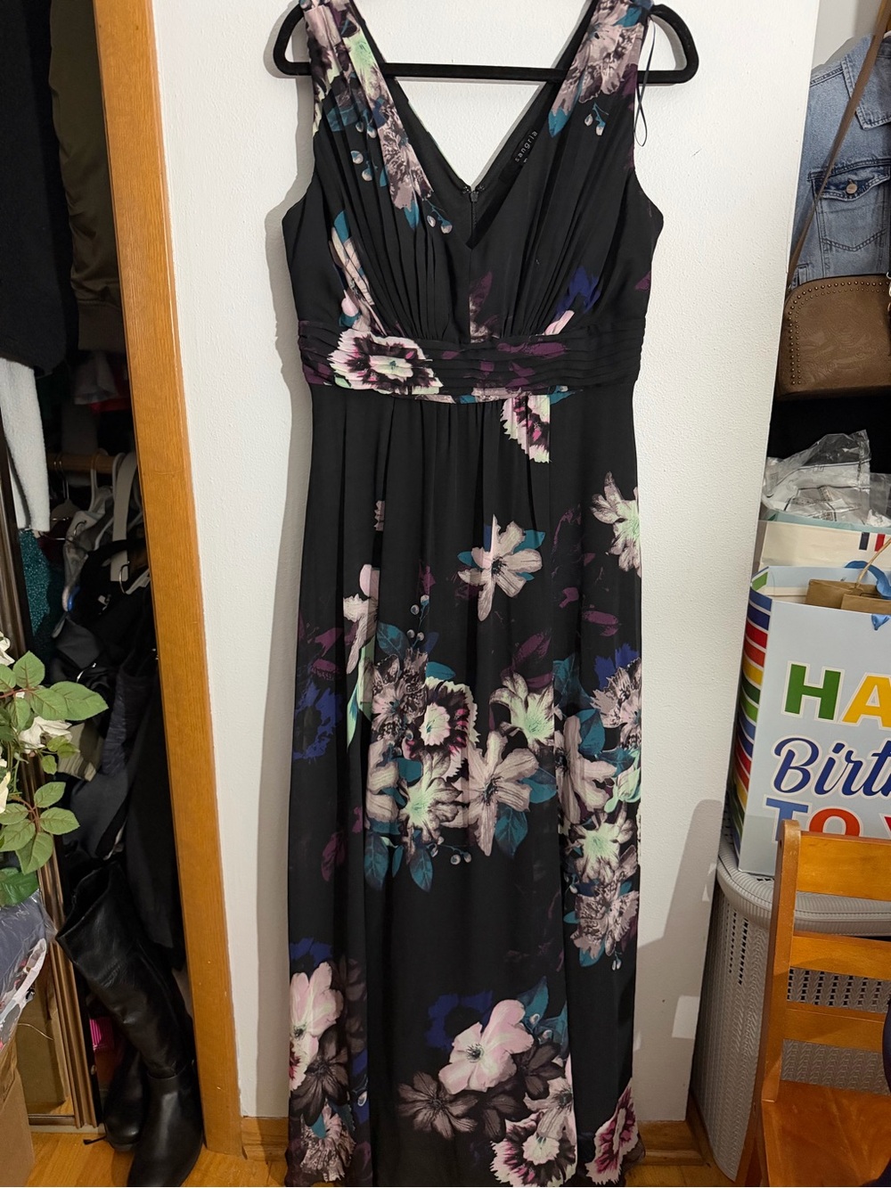 Signature by Sangria Black Floral V-Neck Maxi Dress with Teal and Purple Accents
